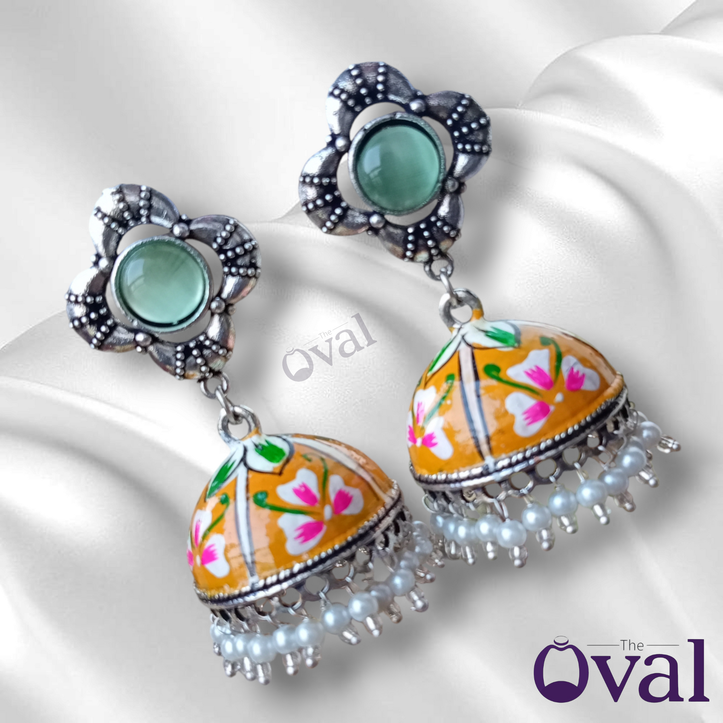 Shahi Orange and Green Oxidized Moti Navratri Jhumka