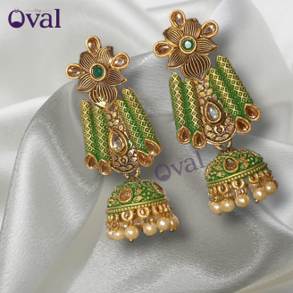 Green & Gold Toned Traditional Brass Jhumki
