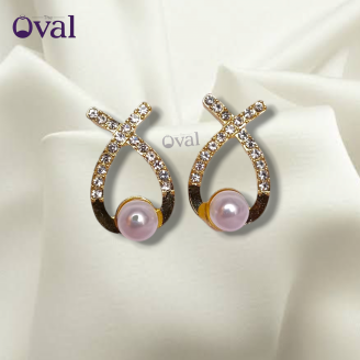Korean Diamond Studded Cross Pearl Stud Earrings