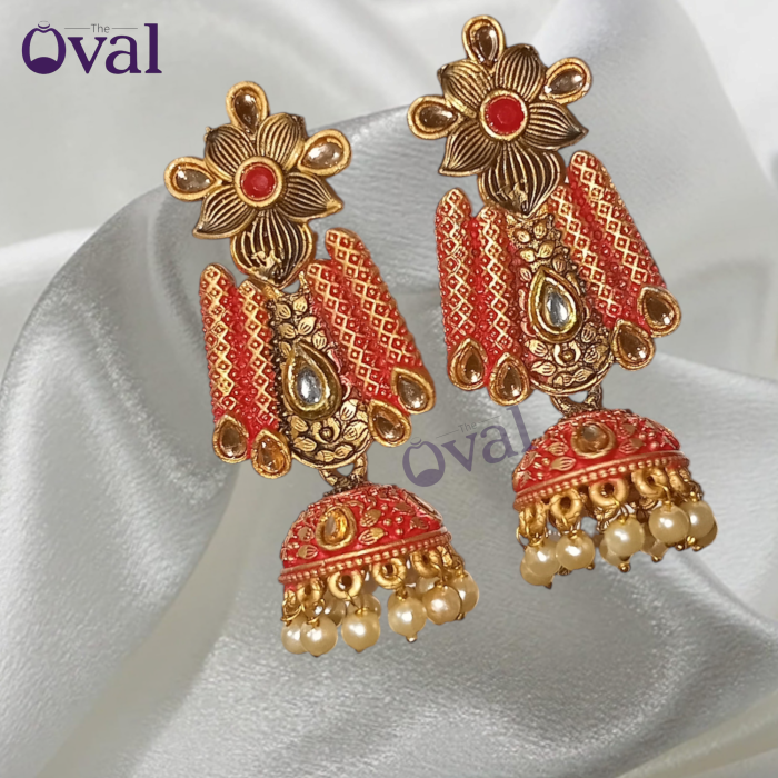 Orange & Gold Toned Traditional Alloy Jhumki