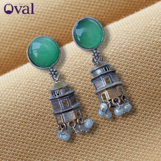 Oxidised Green Kundan Light House Earrings